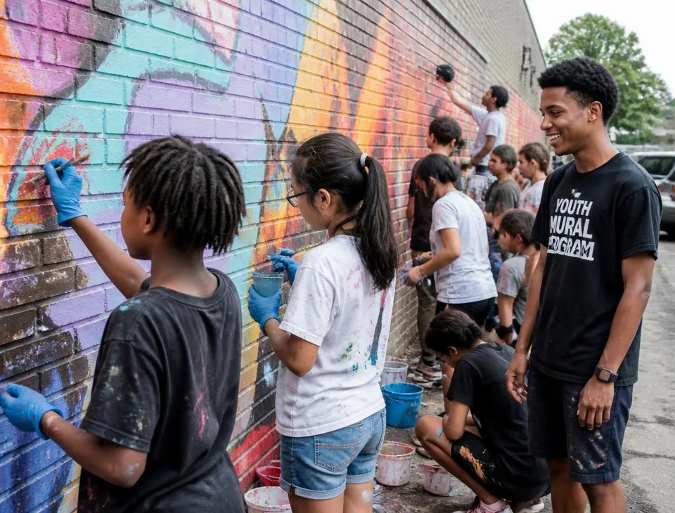 Youth and mentors painting a community mural on a brick wall