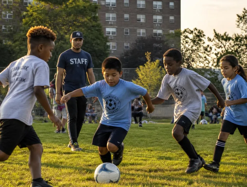Youth playing soccer together in a neighborhood park program