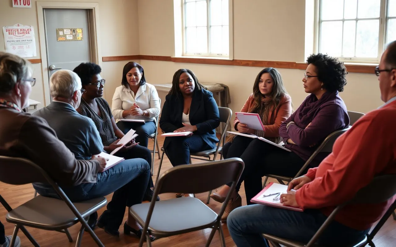 Nonprofit organizers of many backgrounds meeting in a circle at a community center